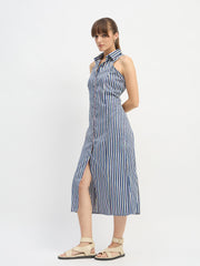 Women Navy Blue Penny Stripes Sleeveless Midi Dress-SFDRSS13203