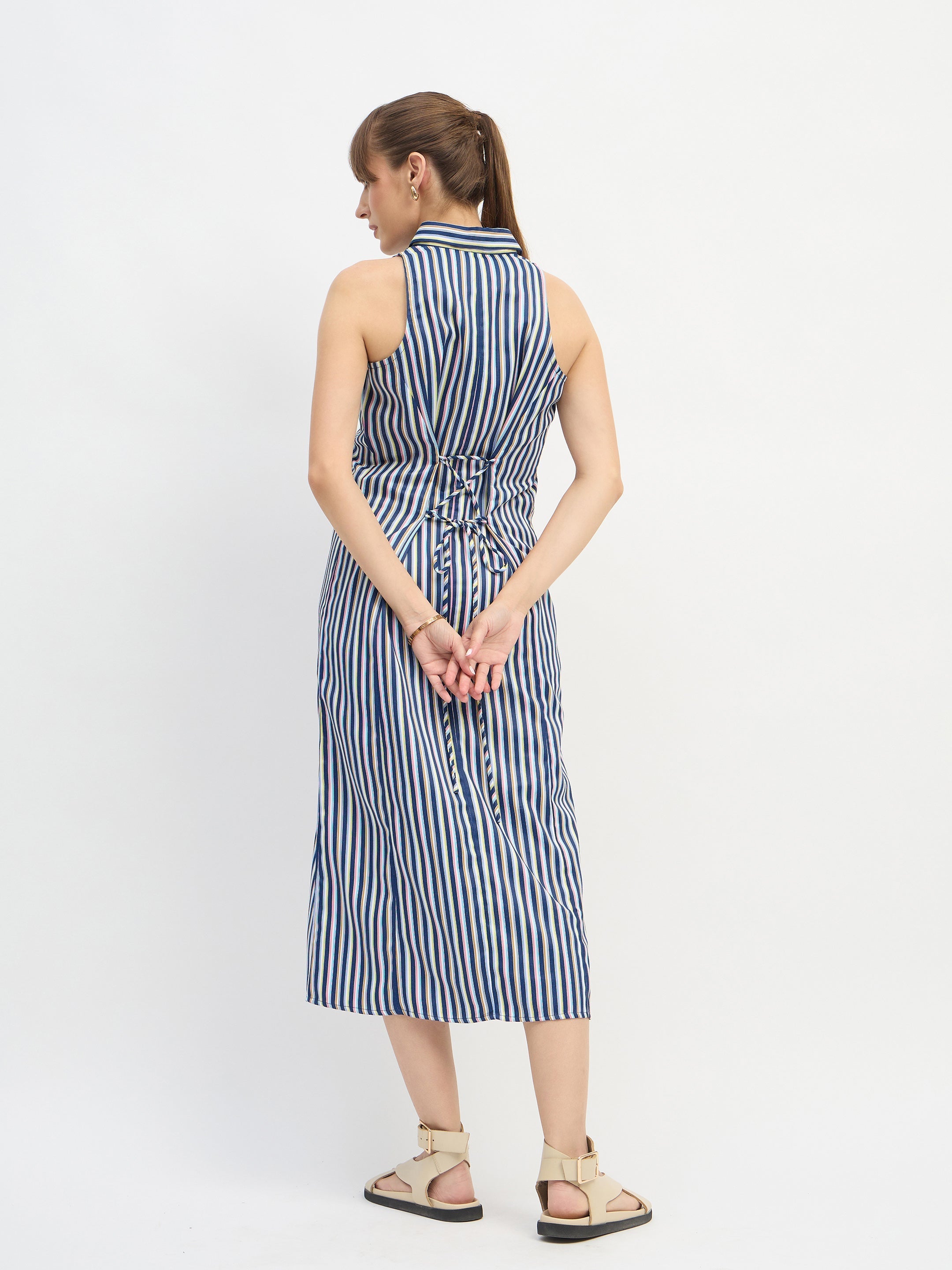 Women Navy Blue Penny Stripes Sleeveless Midi Dress-SFDRSS13203