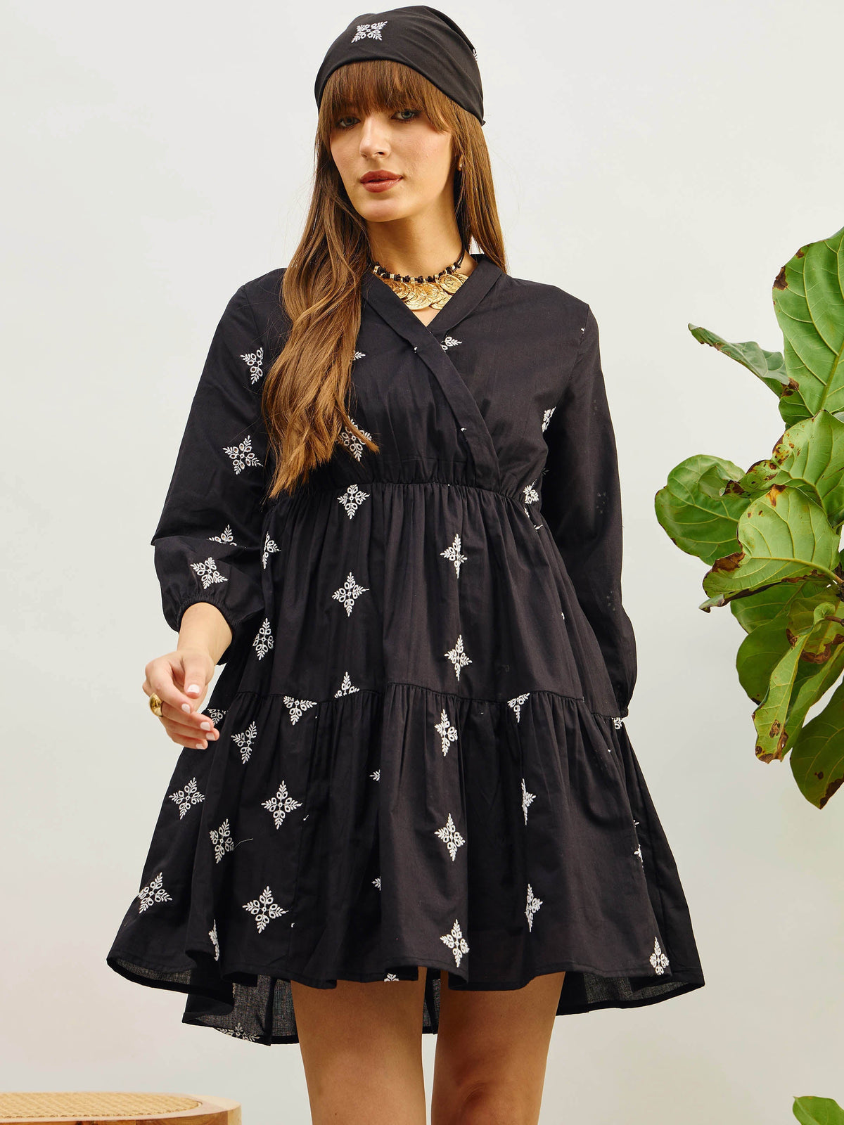 Women Black Embroidered Shawl Collar Tiered Dress-SFDRSS13204