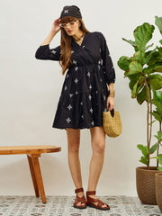 Women Black Embroidered Shawl Collar Tiered Dress-SFDRSS13204