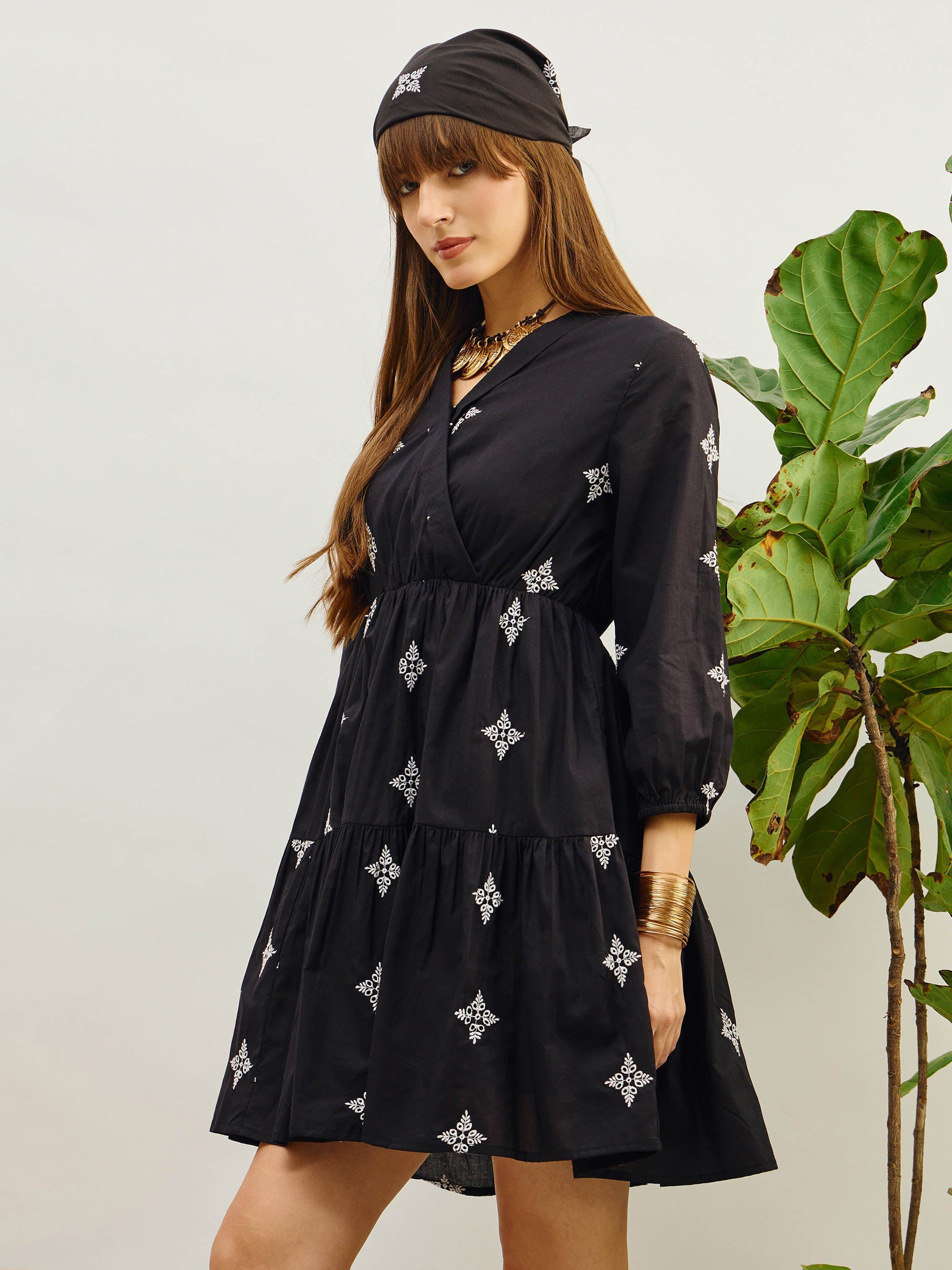Women Black Embroidered Shawl Collar Tiered Dress-SFDRSS13204