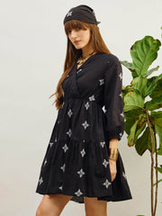 Women Black Embroidered Shawl Collar Tiered Dress-SFDRSS13204
