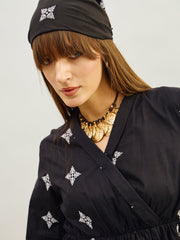 Women Black Embroidered Shawl Collar Tiered Dress-SFDRSS13204