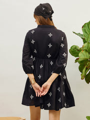 Women Black Embroidered Shawl Collar Tiered Dress-SFDRSS13204