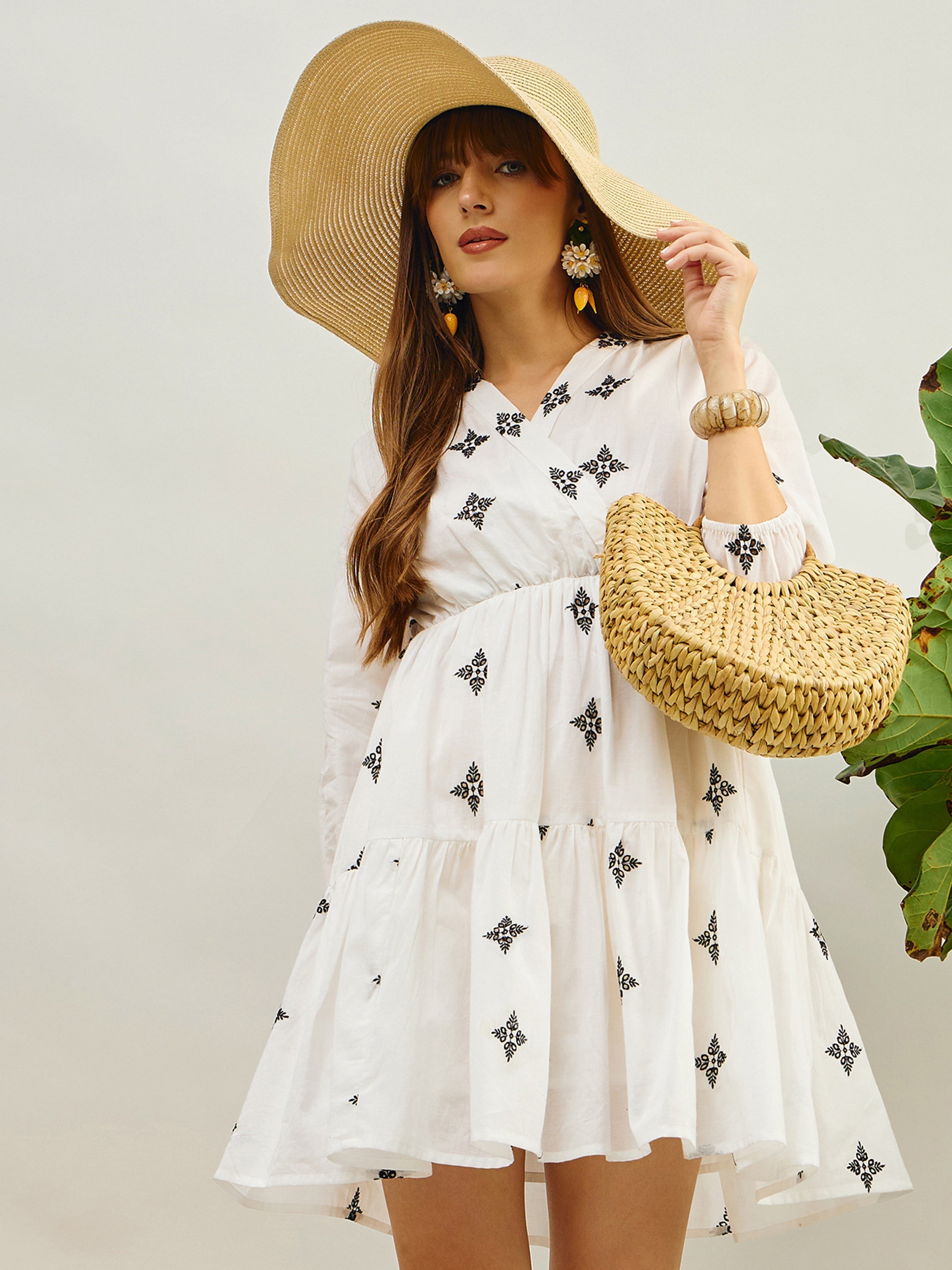 Women White Embroidered Shawl Collar Tiered Dress-SFDRSS13205