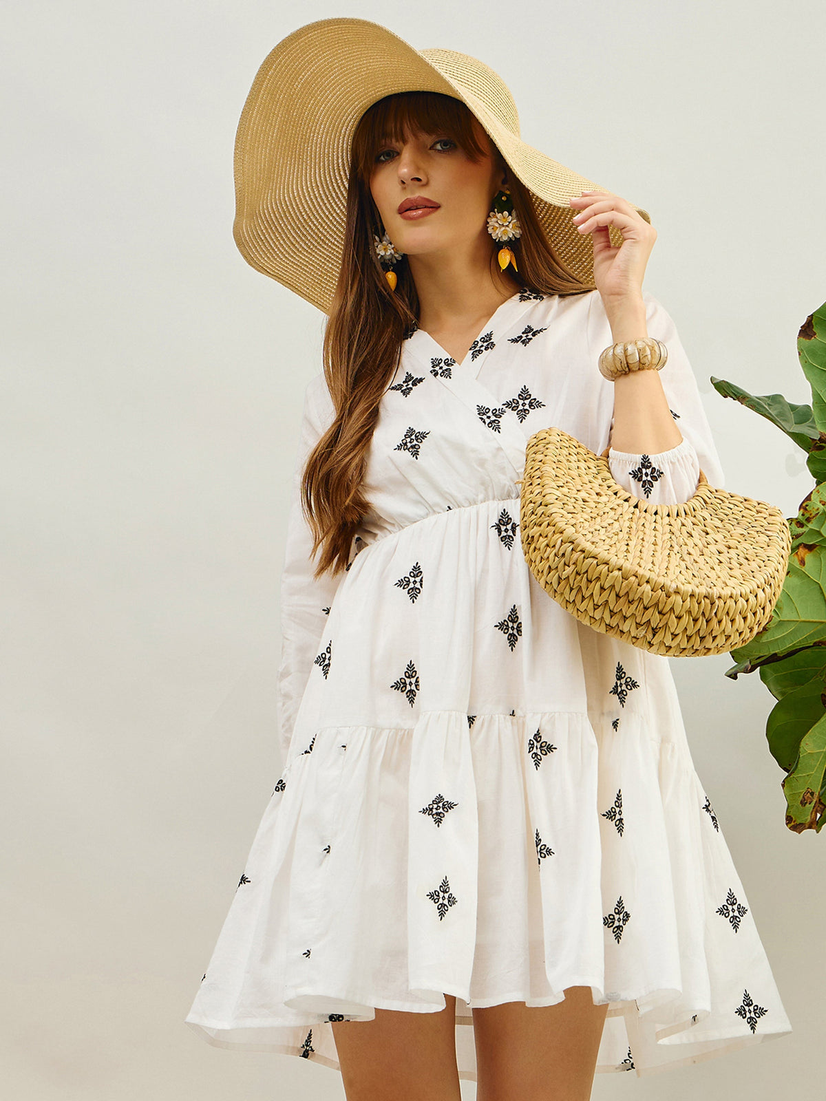 Women White Embroidered Shawl Collar Tiered Dress-SFDRSS13205