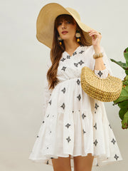 Women White Embroidered Shawl Collar Tiered Dress-SFDRSS13205