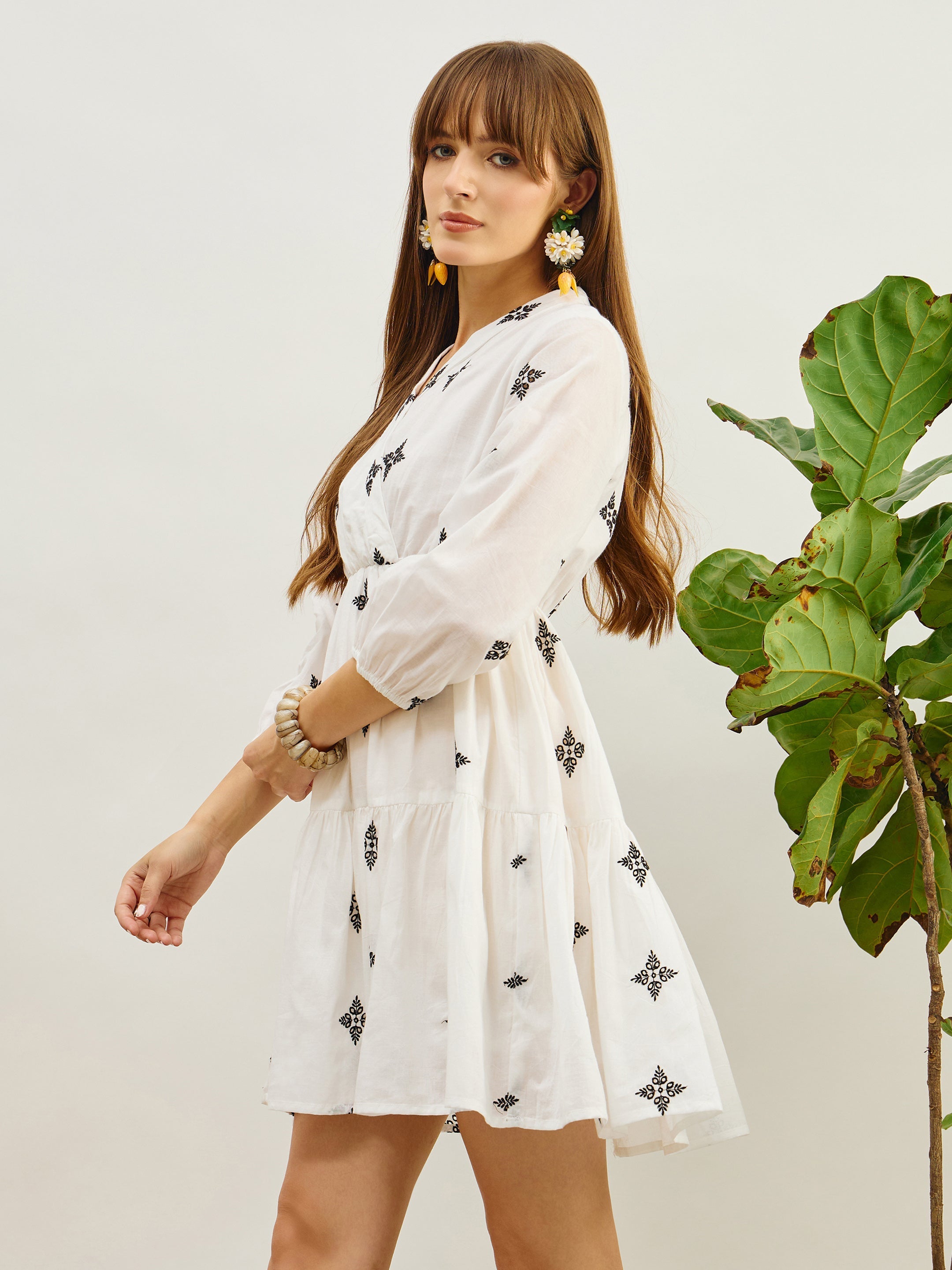 Women White Embroidered Shawl Collar Tiered Dress-SFDRSS13205