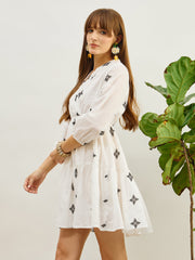 Women White Embroidered Shawl Collar Tiered Dress-SFDRSS13205