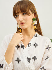 Women White Embroidered Shawl Collar Tiered Dress-SFDRSS13205