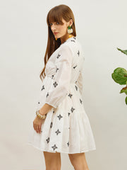 Women White Embroidered Shawl Collar Tiered Dress-SFDRSS13205