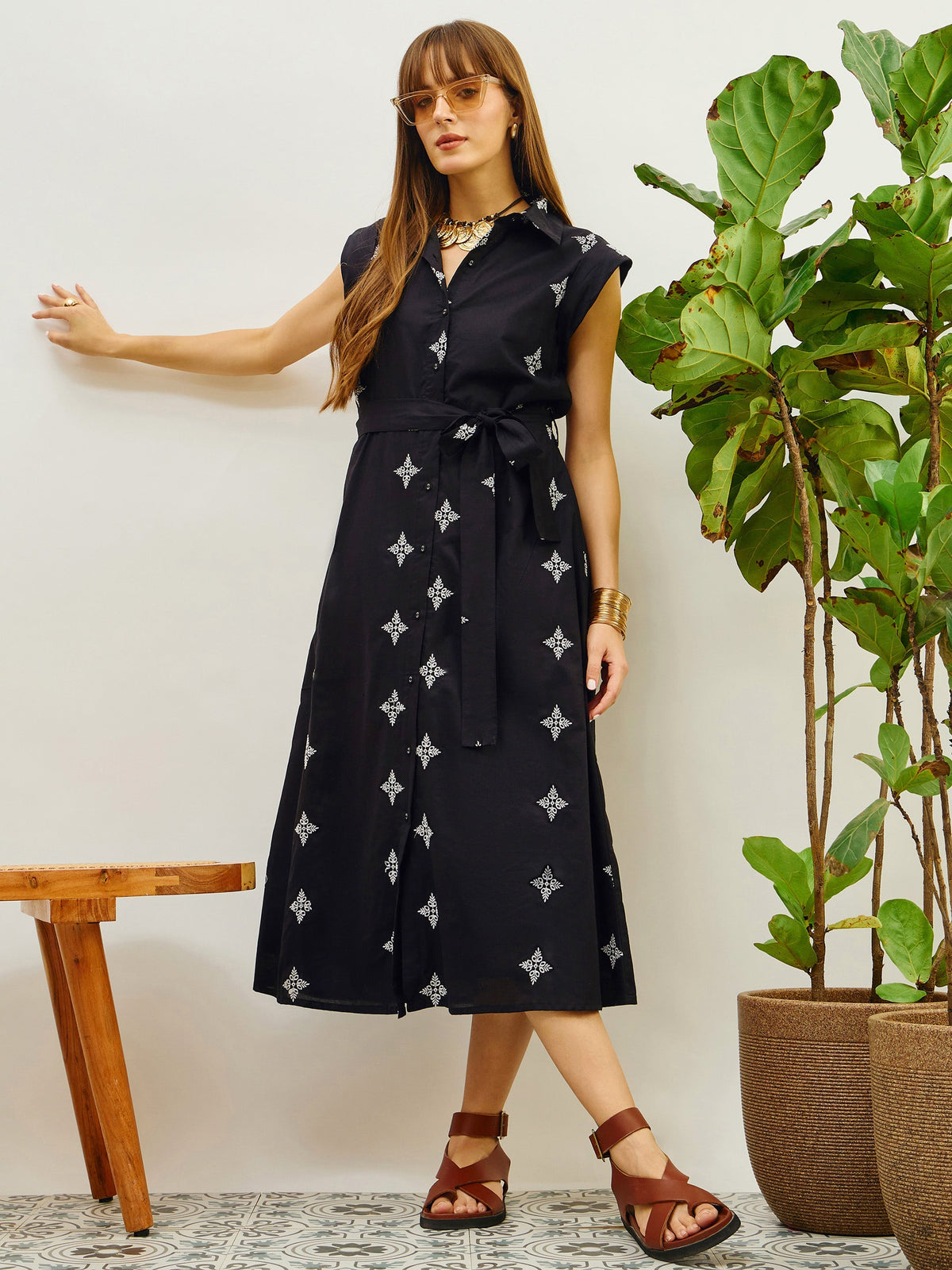 Women Black Embroidered Button Down Midi Dress-SFDRSS13206