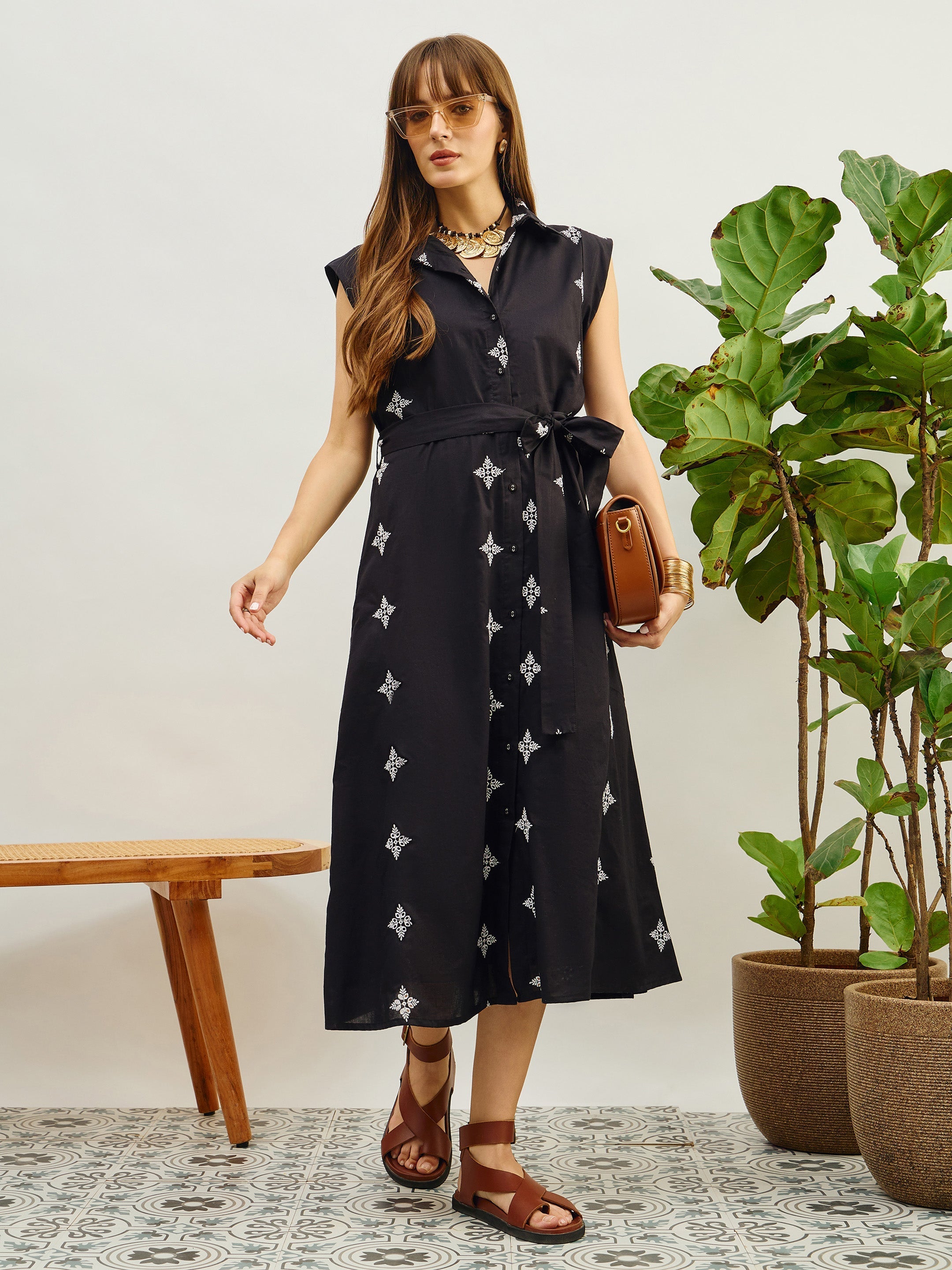 Women Black Embroidered Button Down Midi Dress-SFDRSS13206