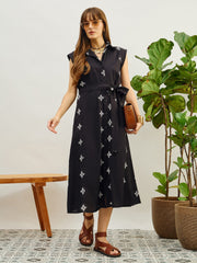 Women Black Embroidered Button Down Midi Dress-SFDRSS13206