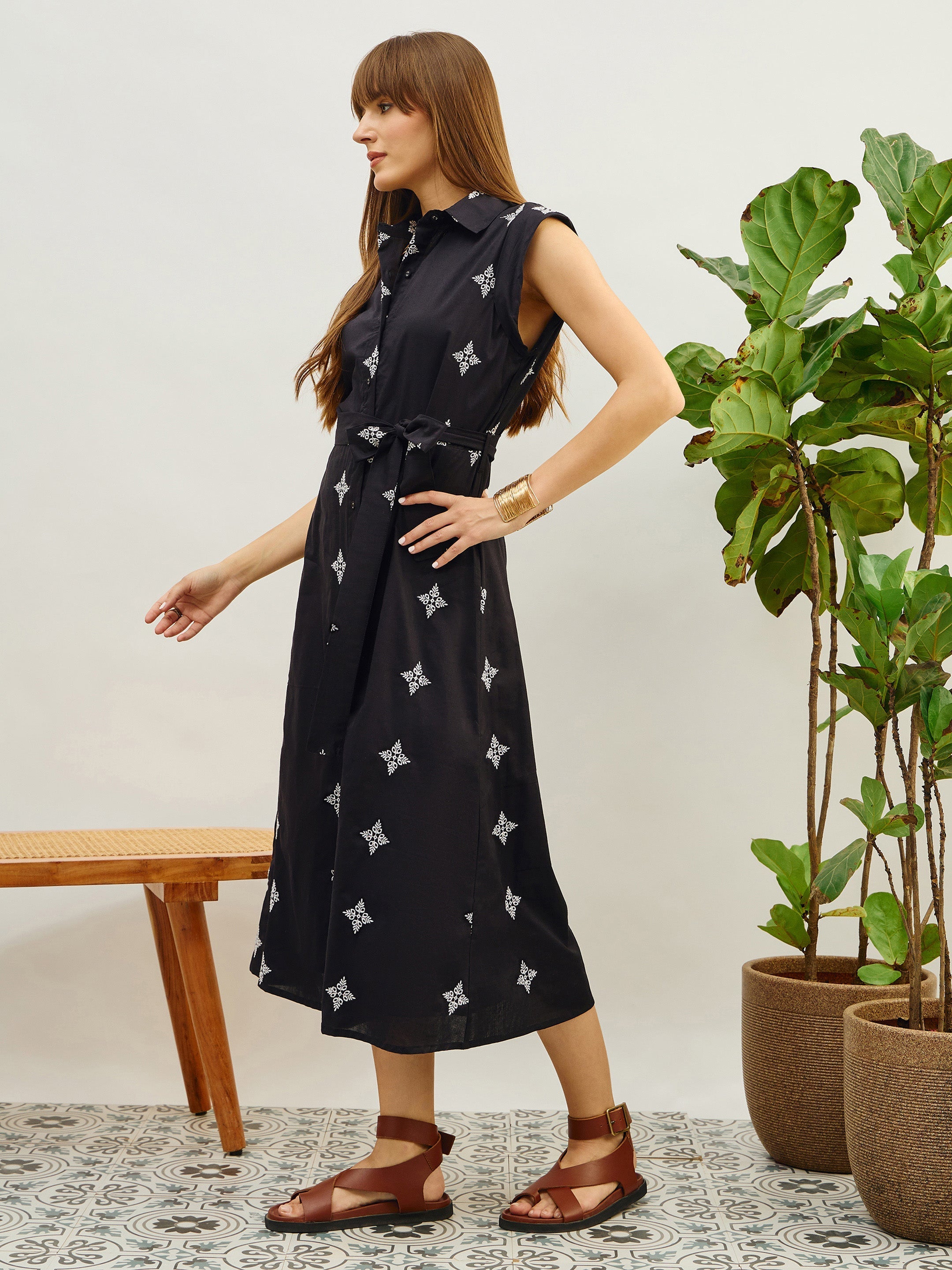 Women Black Embroidered Button Down Midi Dress-SFDRSS13206