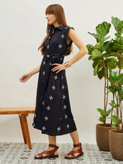 Women Black Embroidered Button Down Midi Dress-SFDRSS13206
