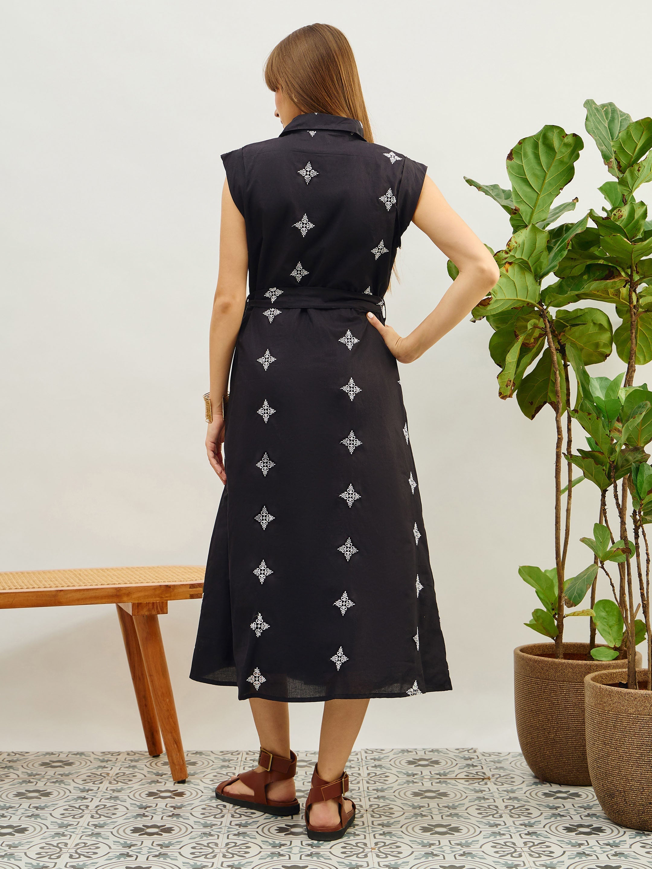 Women Black Embroidered Button Down Midi Dress-SFDRSS13206