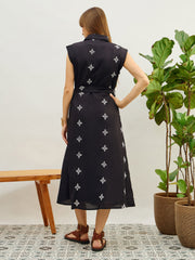 Women Black Embroidered Button Down Midi Dress-SFDRSS13206