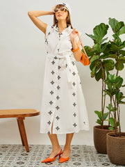 Women White Embroidered Button Down Midi Dress-SFDRSS13207
