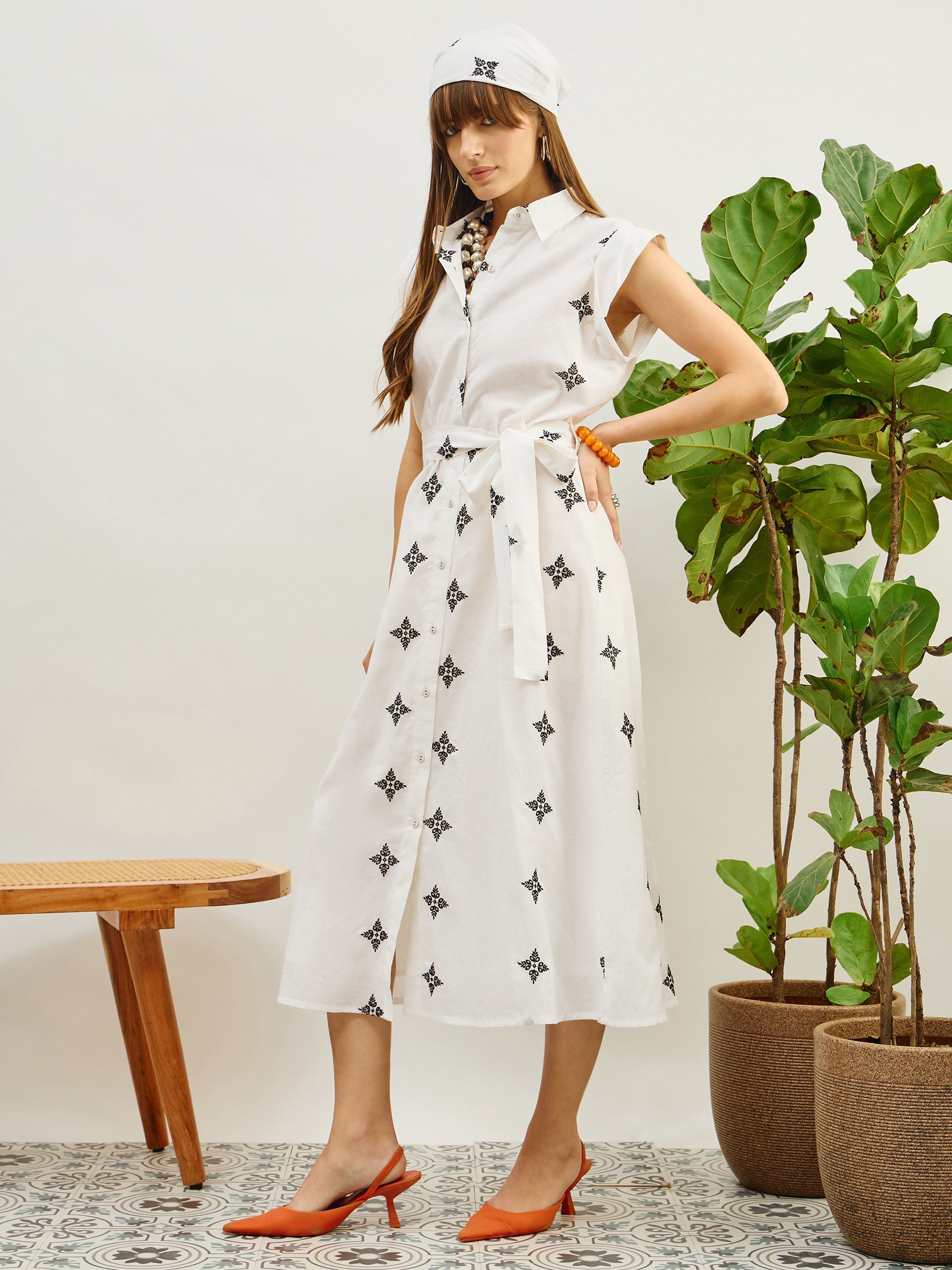 Women White Embroidered Button Down Midi Dress-SFDRSS13207