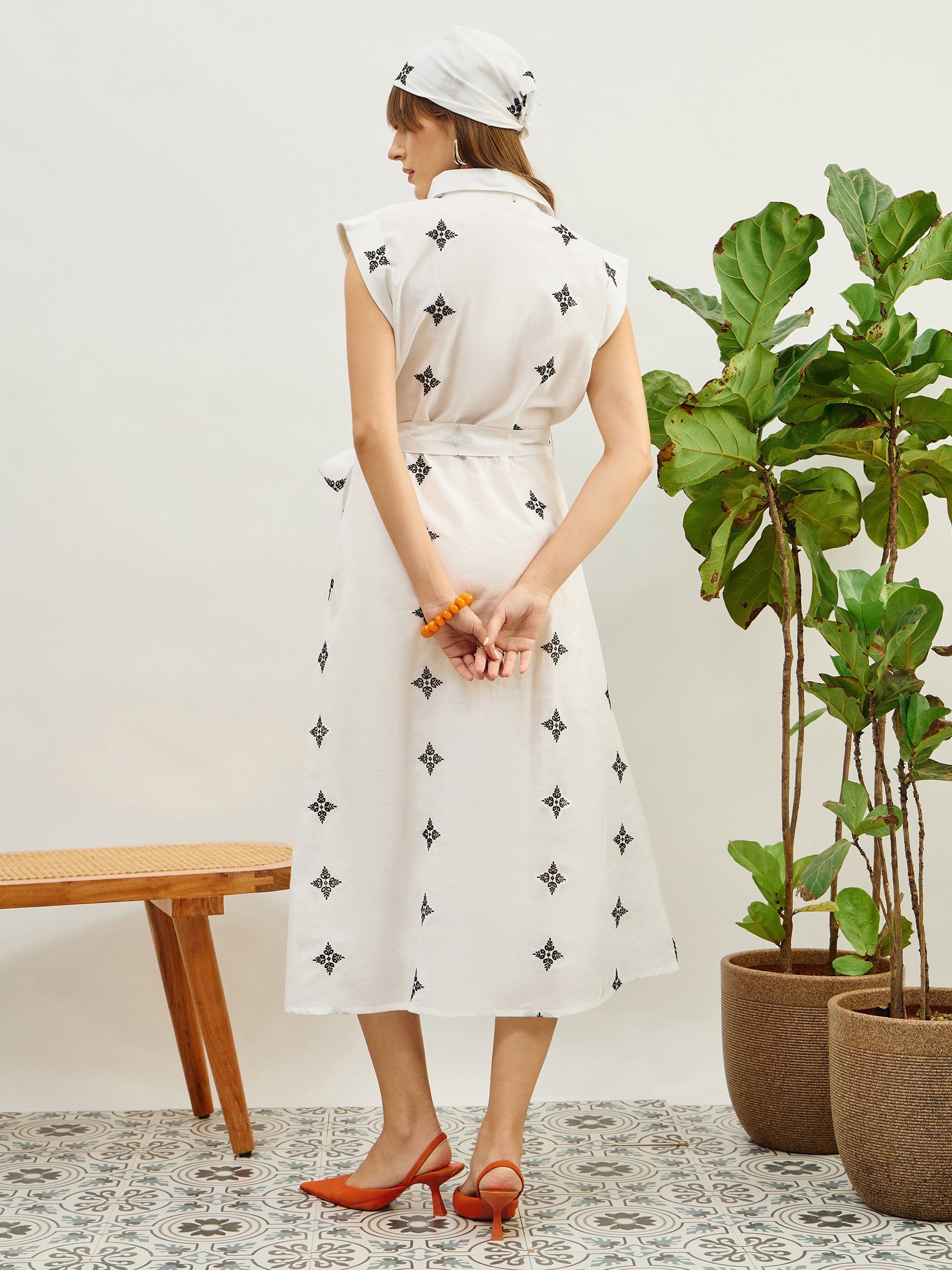 Women White Embroidered Button Down Midi Dress-SFDRSS13207