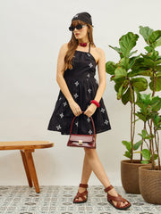 Women Black Embroidered Strappy Short Dress-SFDRSS13208