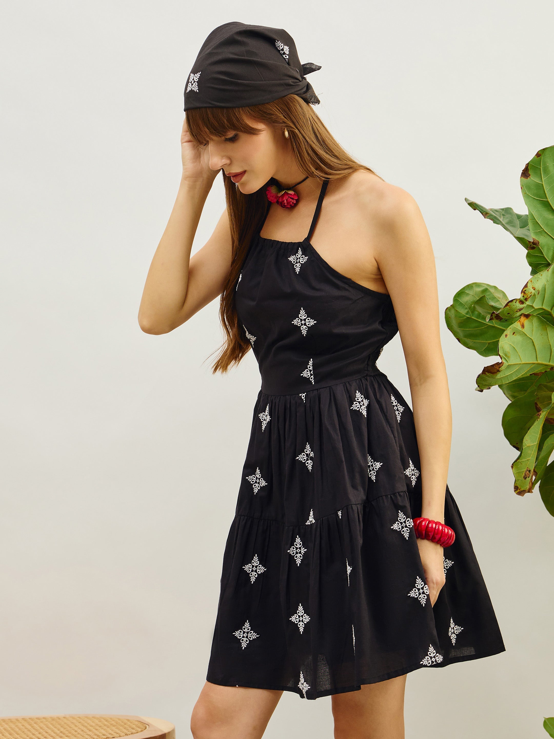 Women Black Embroidered Strappy Short Dress-SFDRSS13208