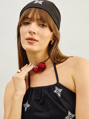 Women Black Embroidered Strappy Short Dress-SFDRSS13208