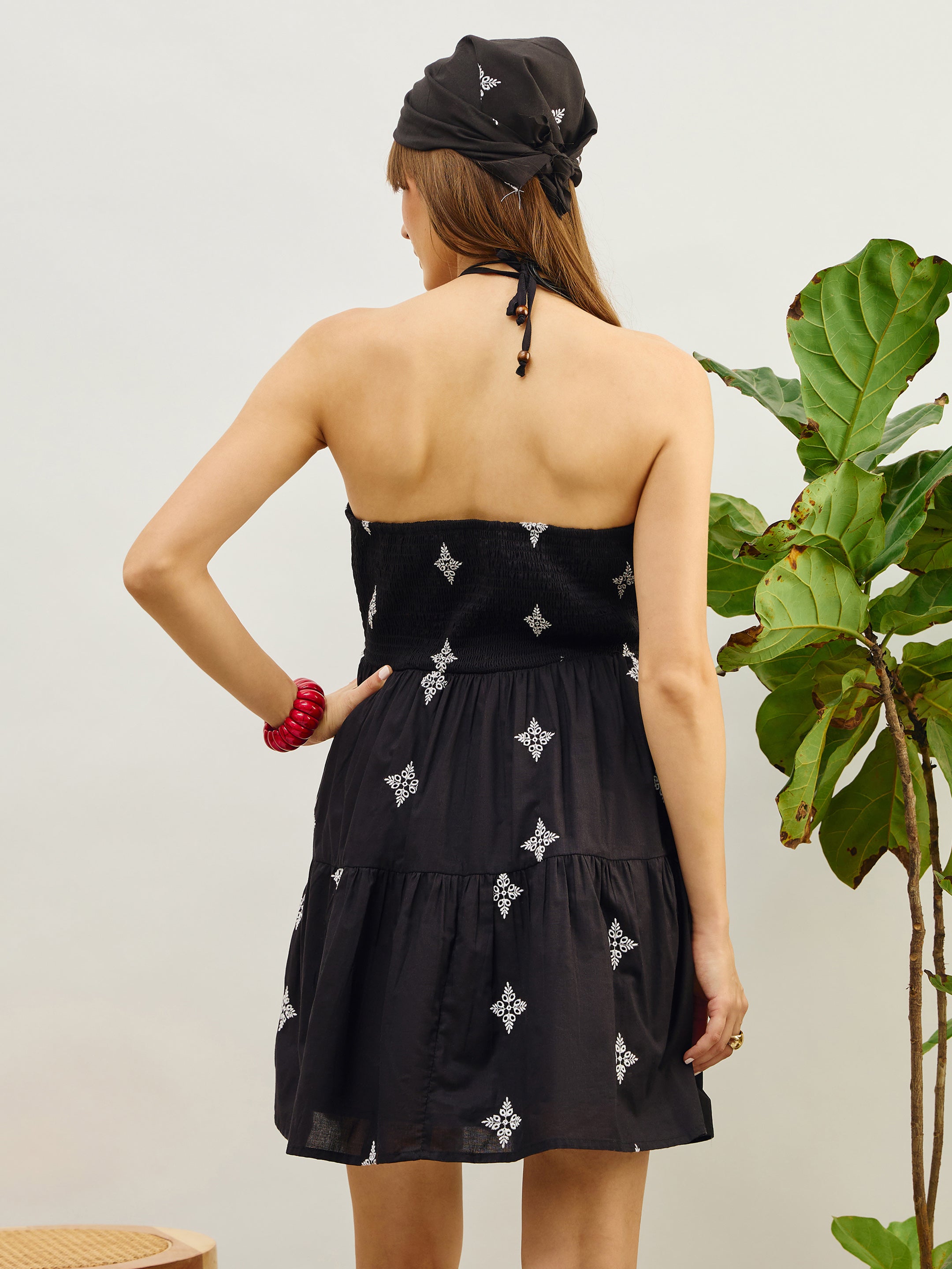 Women Black Embroidered Strappy Short Dress-SFDRSS13208