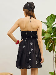Women Black Embroidered Strappy Short Dress-SFDRSS13208