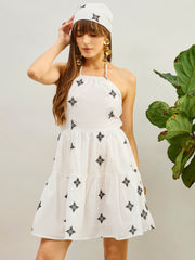 Women White Embroidered Strappy Short Dress-SFDRSS13209