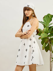 Women White Embroidered Strappy Short Dress-SFDRSS13209