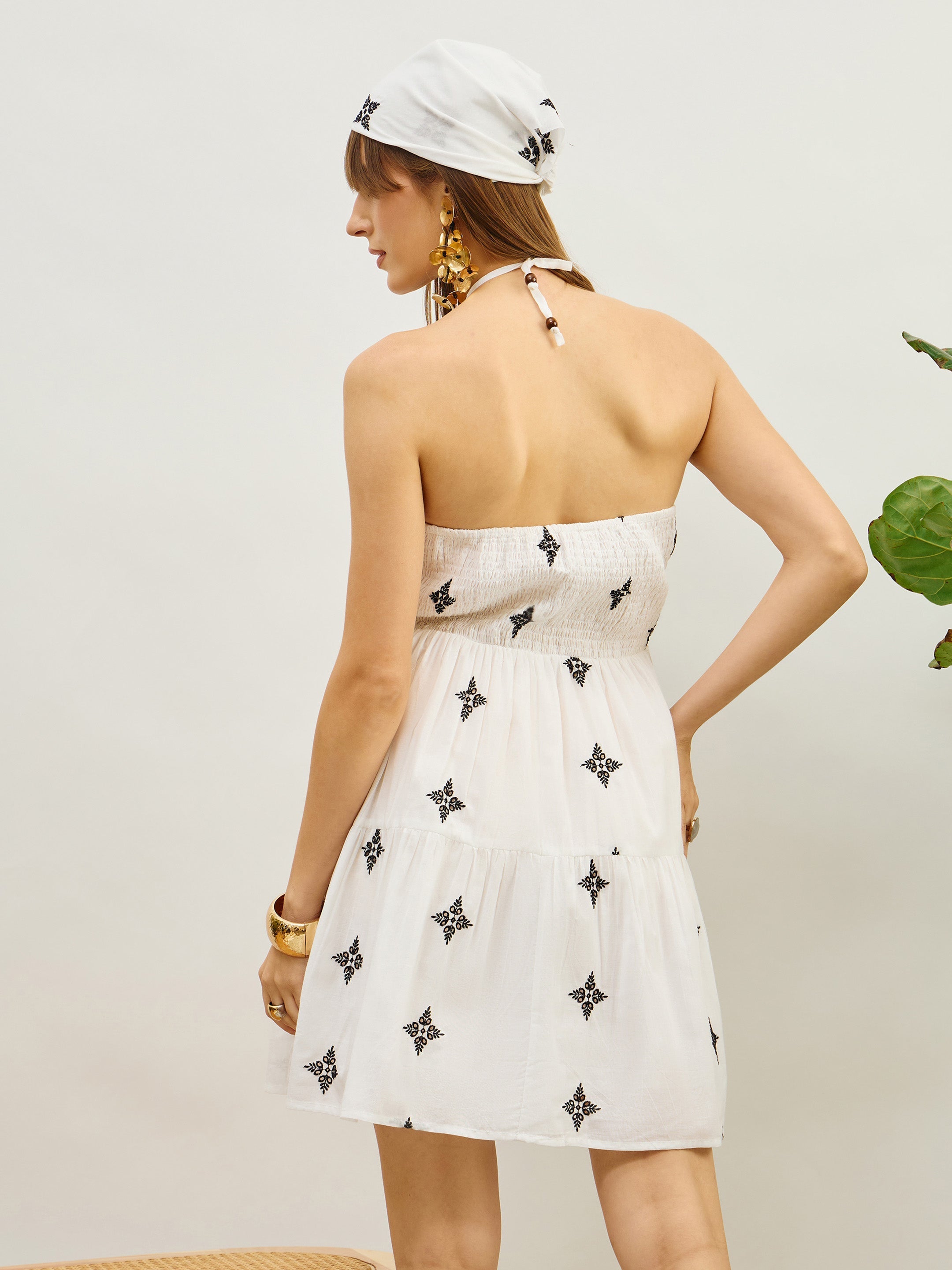 Women White Embroidered Strappy Short Dress-SFDRSS13209