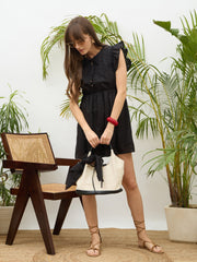 Women Black Schiffli Frill Sleeves Short Dress-SFDRSS13210