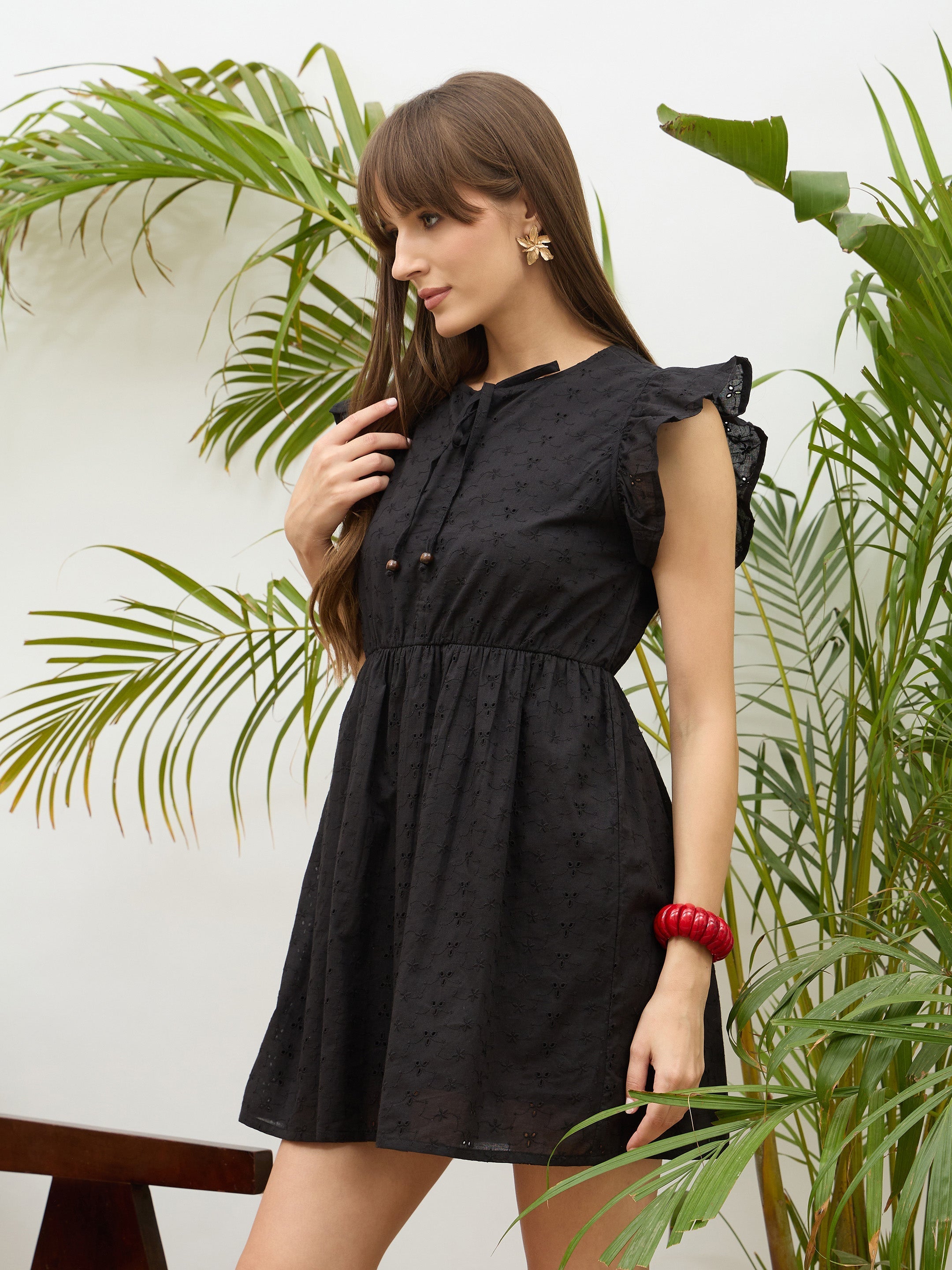 Women Black Schiffli Frill Sleeves Short Dress-SFDRSS13210