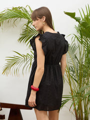 Women Black Schiffli Frill Sleeves Short Dress-SFDRSS13210