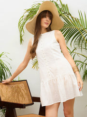 Women White Schiffli Sleeveless Gathered Short Dress-SFDRSS13212