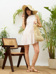 Women White Schiffli Sleeveless Gathered Short Dress-SFDRSS13212