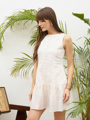 Women White Schiffli Sleeveless Gathered Short Dress-SFDRSS13212