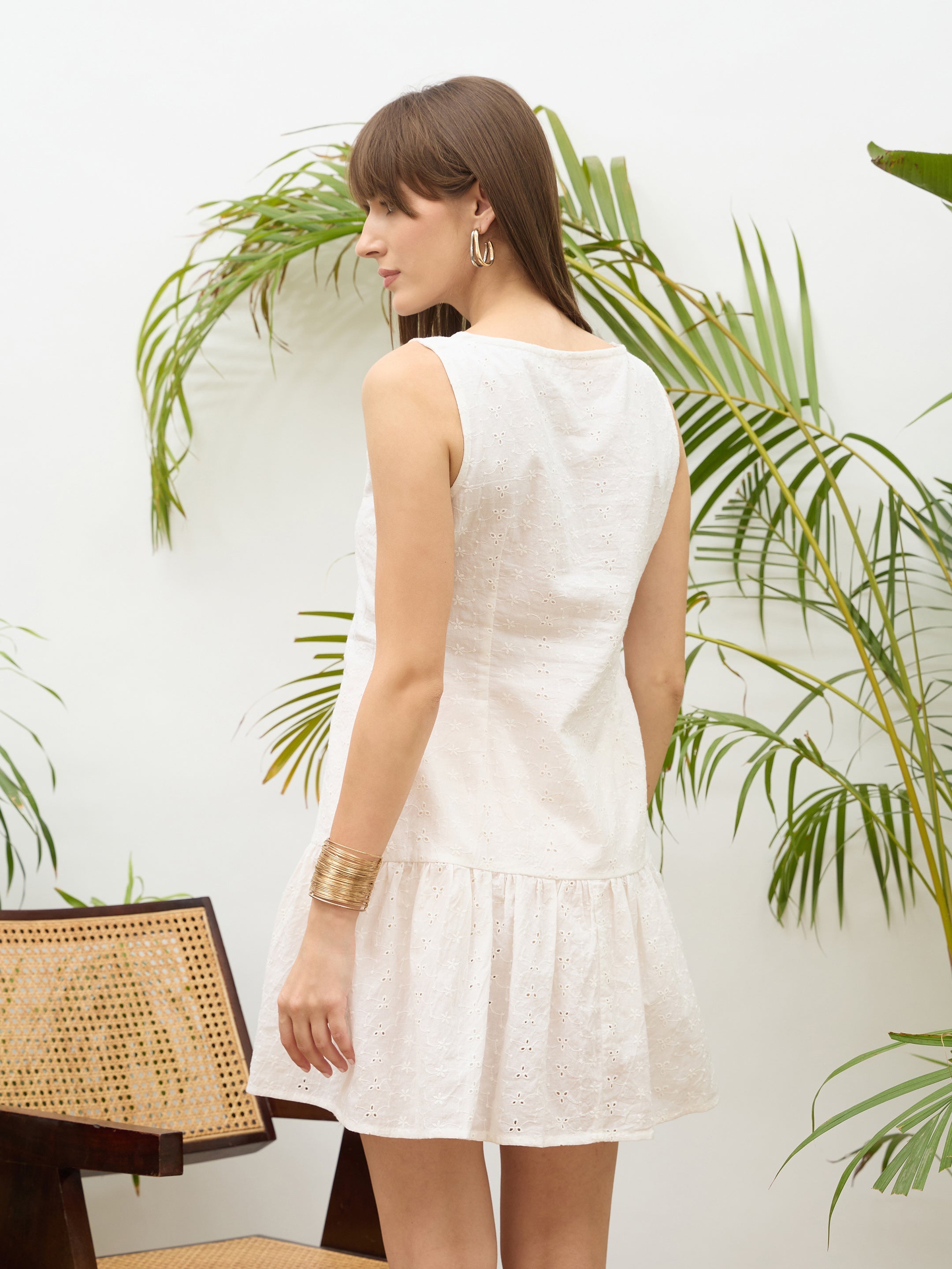 Women White Schiffli Sleeveless Gathered Short Dress-SFDRSS13212