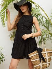 Women Black Schiffli Sleeveless Gathered Short Dress-SFDRSS13213