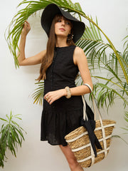 Women Black Schiffli Sleeveless Gathered Short Dress-SFDRSS13213