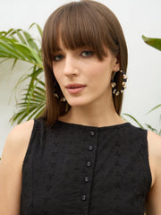 Women Black Schiffli Sleeveless Gathered Short Dress-SFDRSS13213