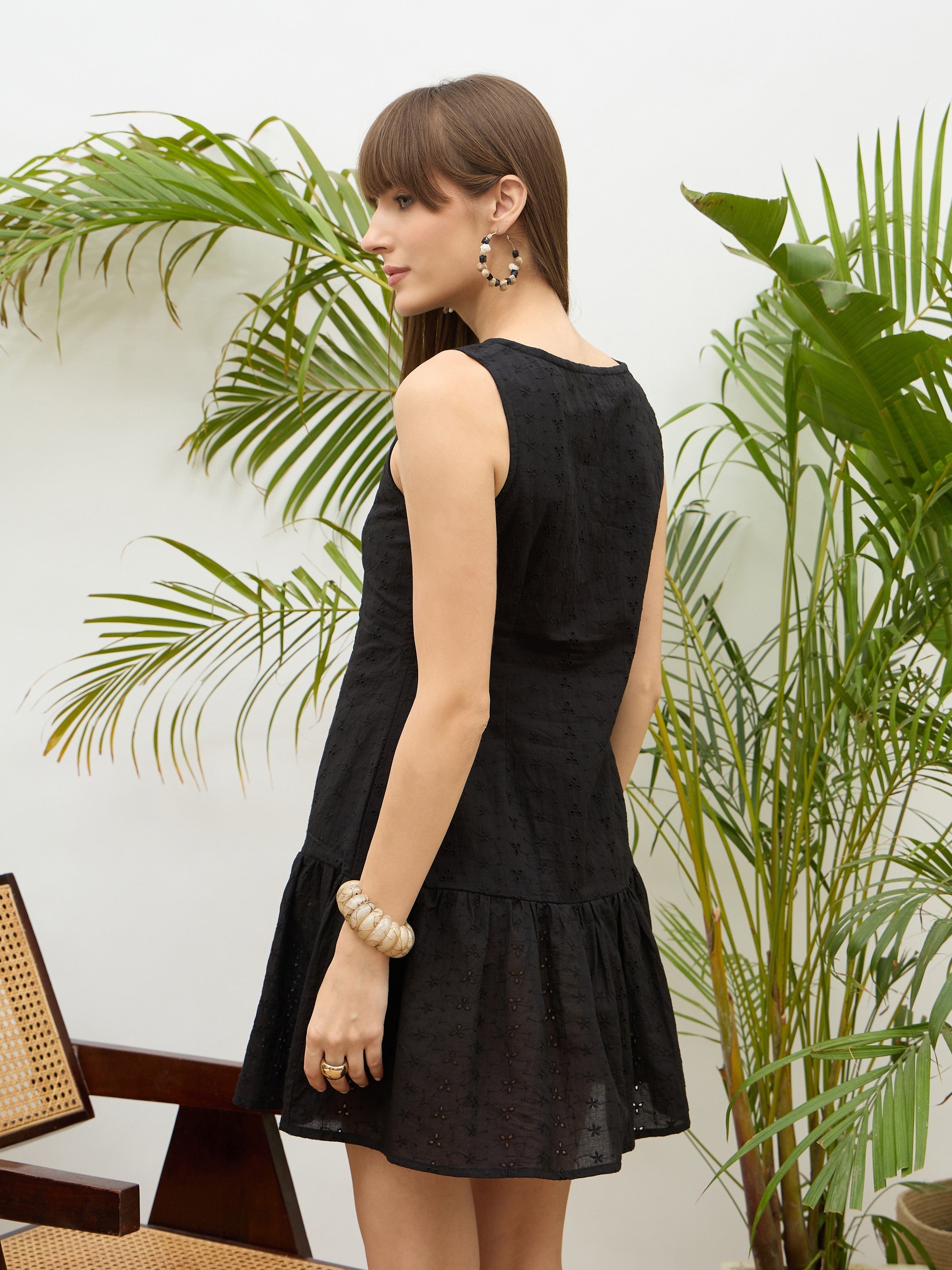 Women Black Schiffli Sleeveless Gathered Short Dress-SFDRSS13213