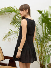Women Black Schiffli Sleeveless Gathered Short Dress-SFDRSS13213