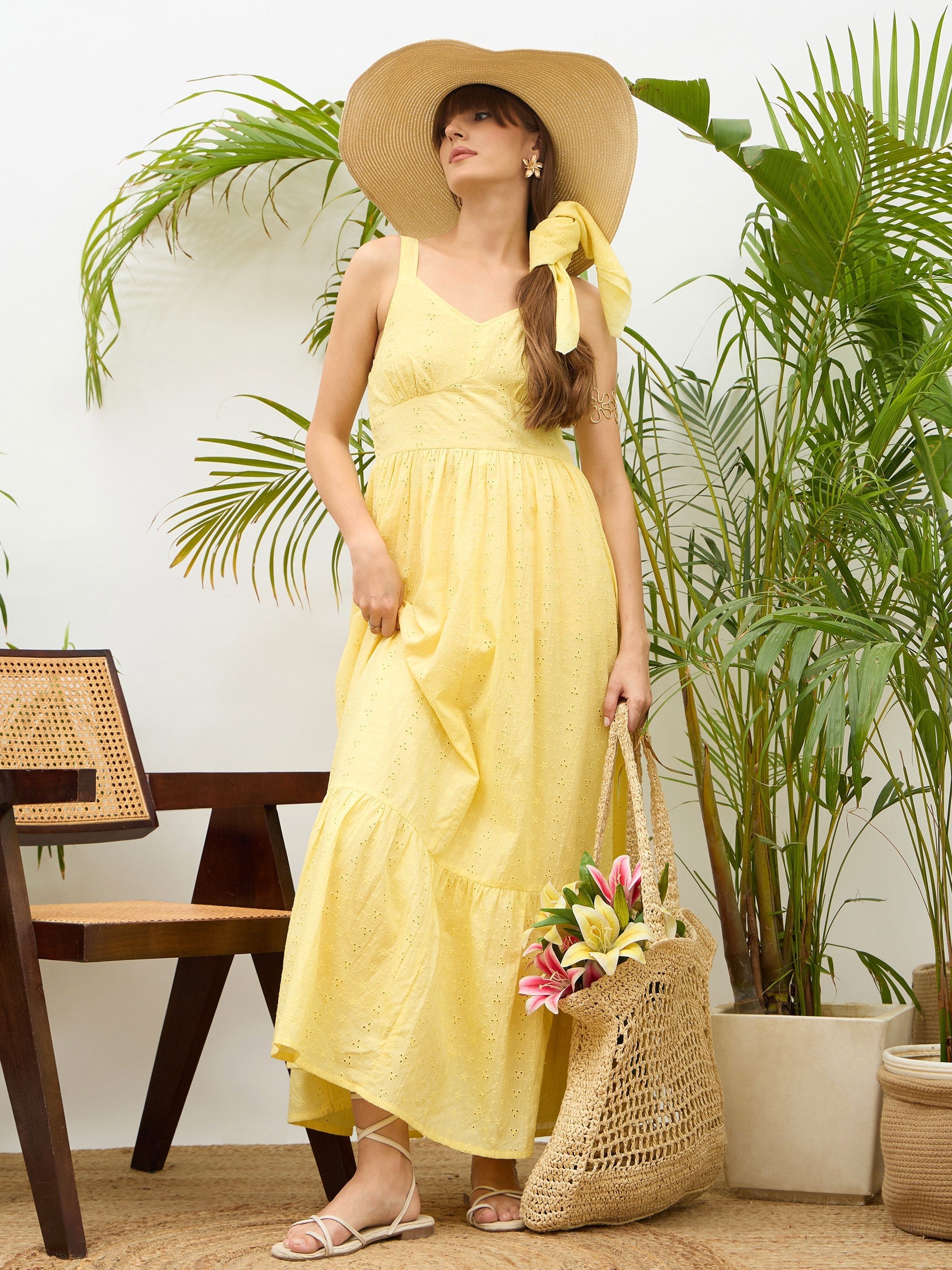 Women Yellow Sweatheart Neck Strappy Maxi Dress-SFDRSS13214