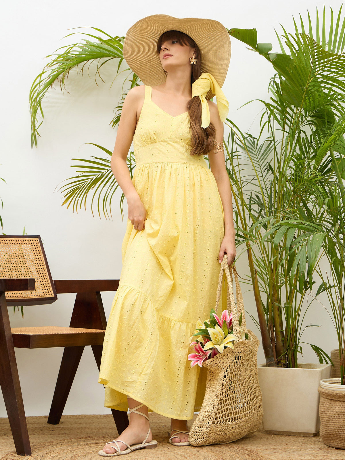 Women Yellow Sweatheart Neck Strappy Maxi Dress-SFDRSS13214