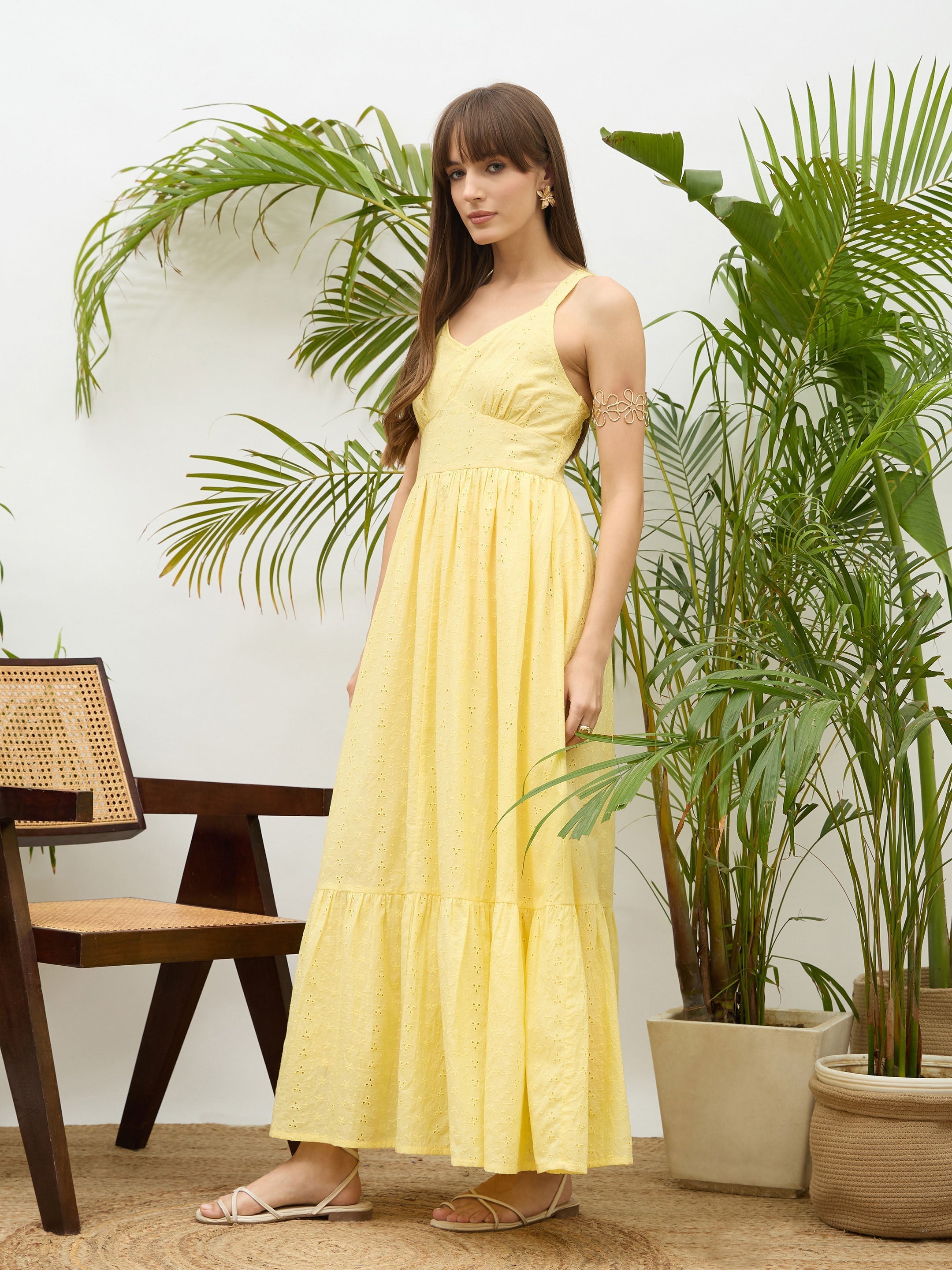 Women Yellow Sweatheart Neck Strappy Maxi Dress-SFDRSS13214