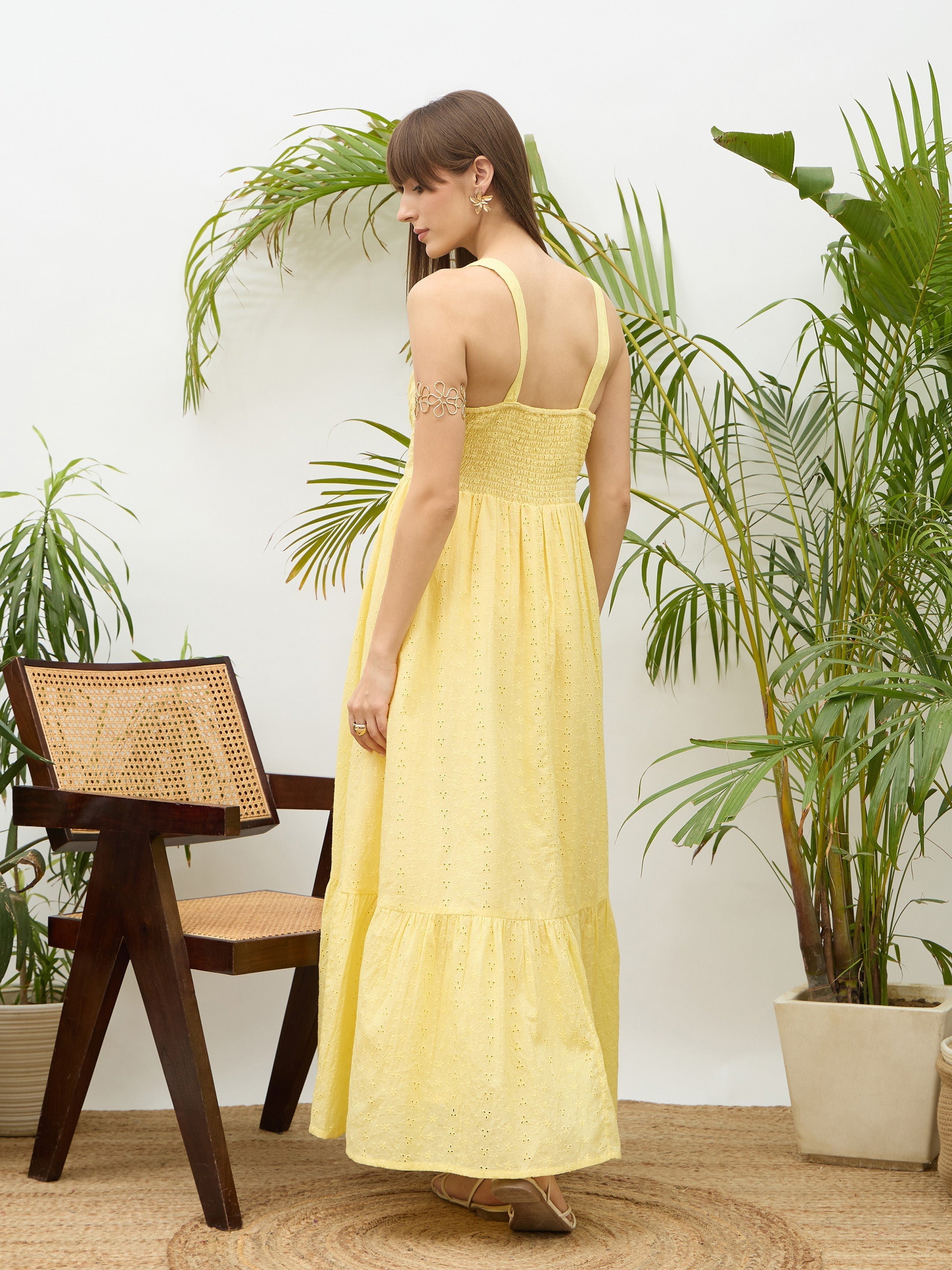 Women Yellow Sweatheart Neck Strappy Maxi Dress-SFDRSS13214