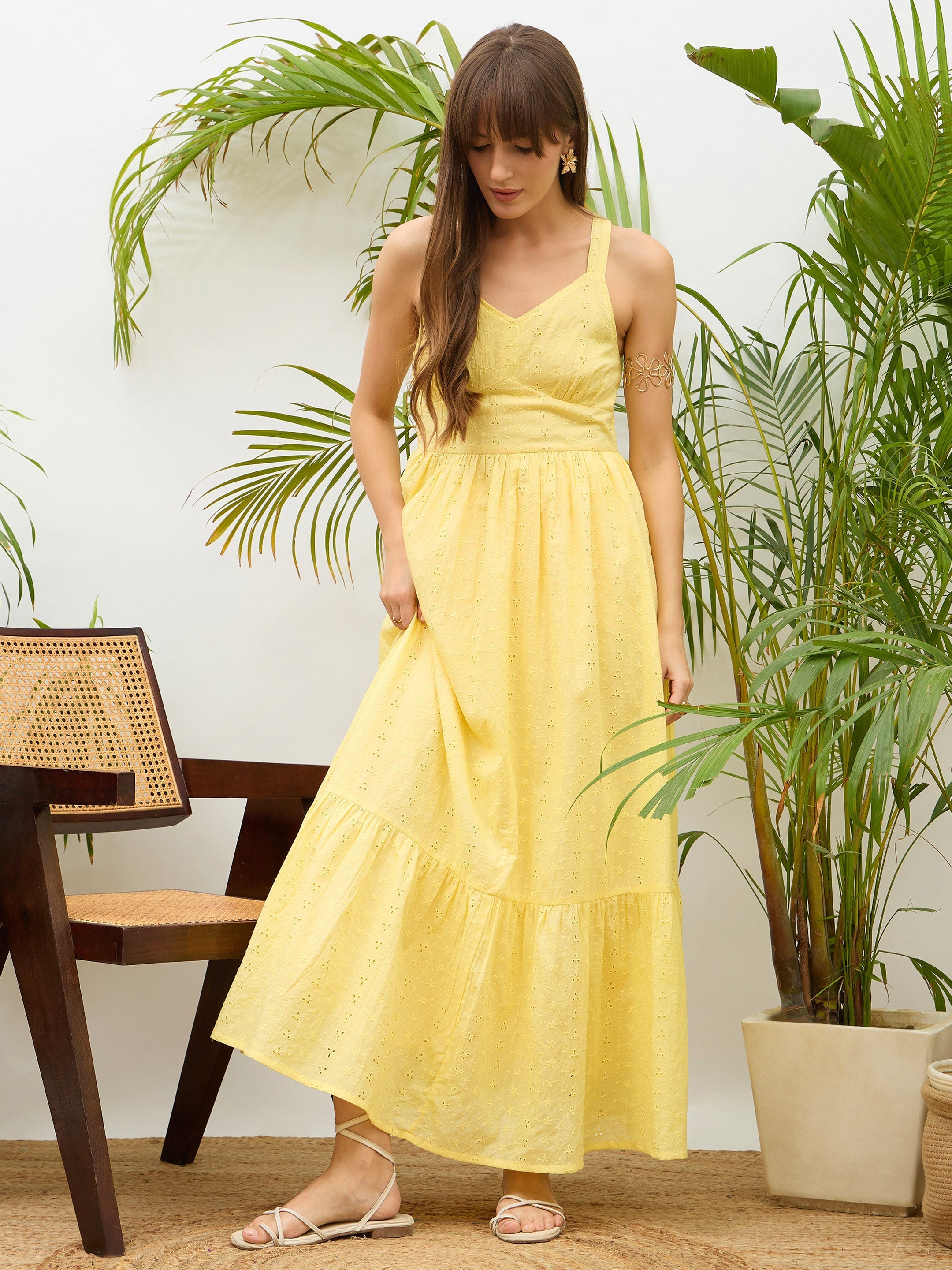 Women Yellow Sweatheart Neck Strappy Maxi Dress-SFDRSS13214